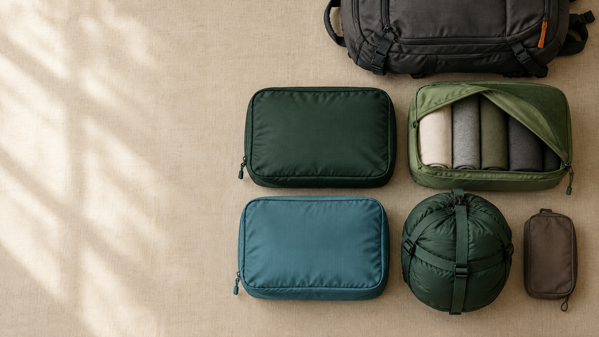 Packing cubes and a compression sack laid out beside a carry-on backpack before a hiking trip