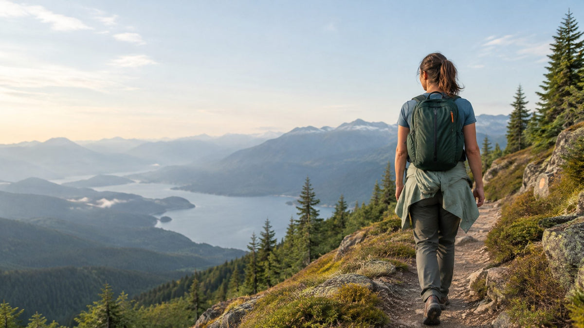 A woman hiking along a mountain trail with a compact green backpack, seen from behind with forested hills and a lake in the distance
